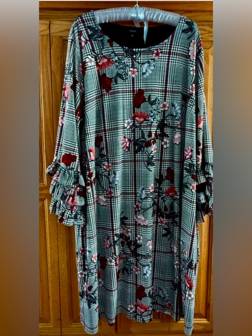 Alfani 22W Plaid Floral Dress Ruffle Sleeve Shift Midi Plus Size Black Red Pink